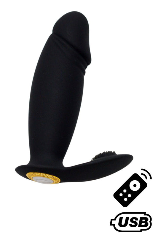 ACHILLE, Mini vibromasseur noir USB, forme pénis avec stimulation clitoridienne, avec télécommande · Coeur Ardent
