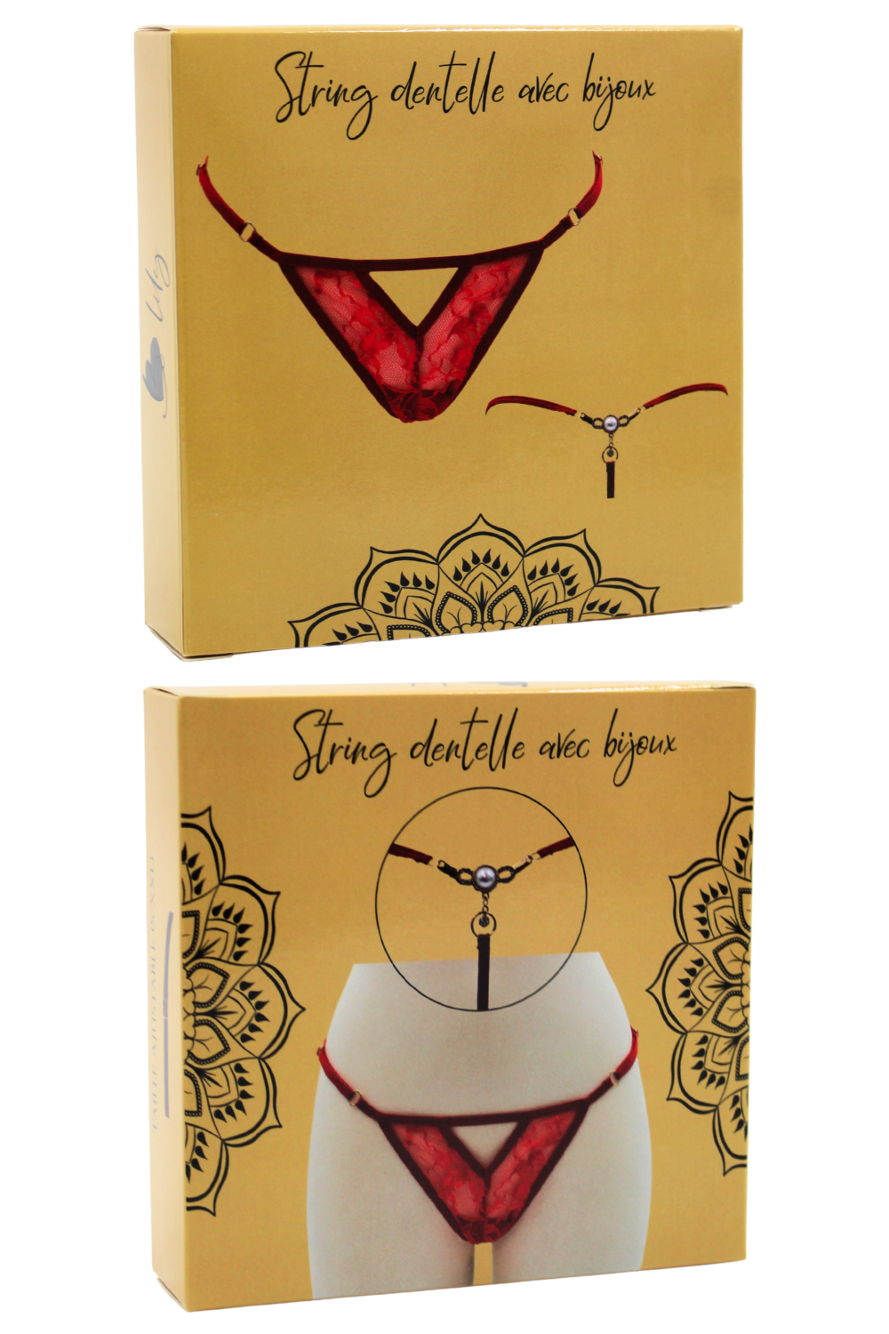String rouge avec bijou perle strass dorés · Be Lily Panties · vue 4