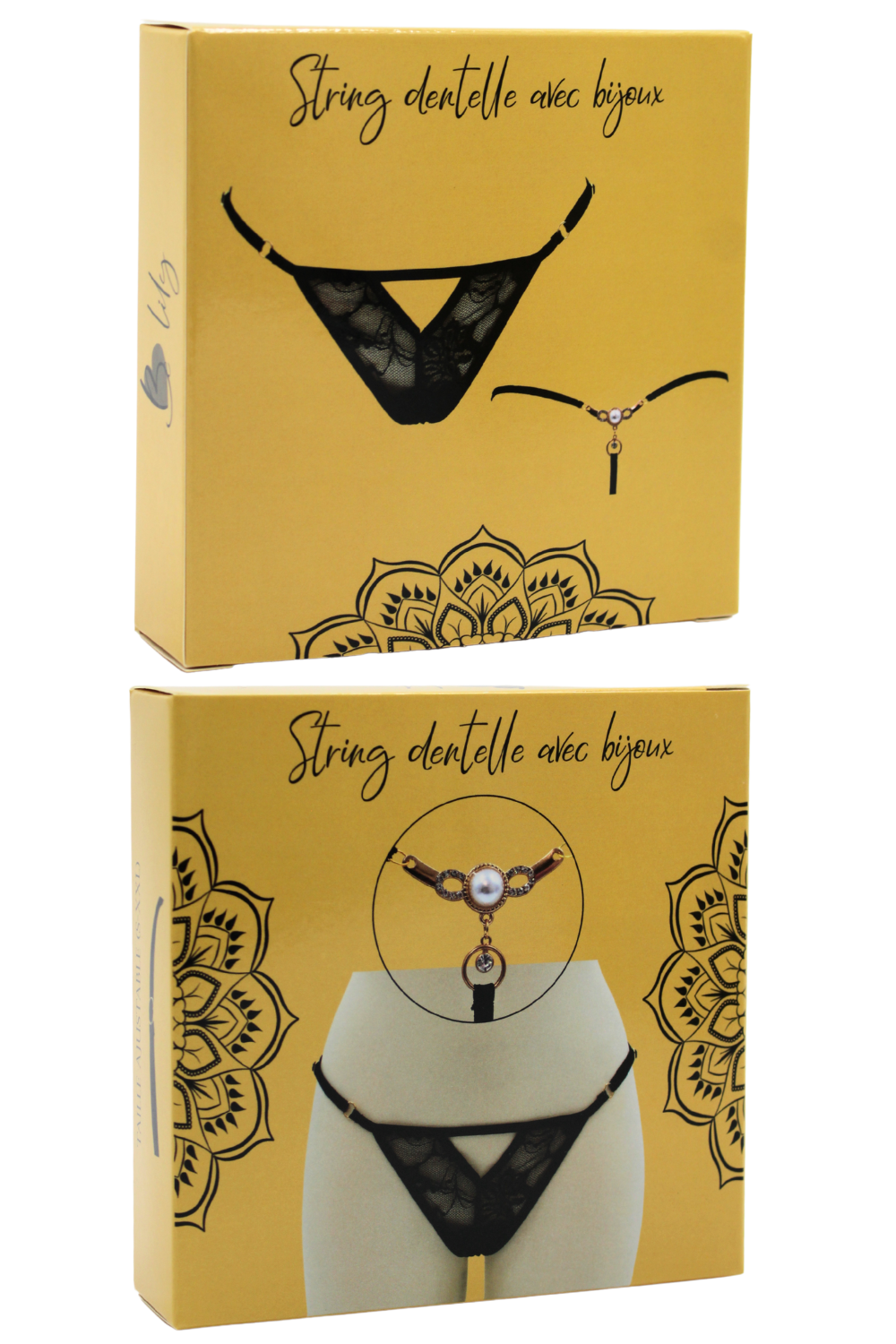 String noir avec bijou perle strass dorés · Be Lily Panties · vue 4