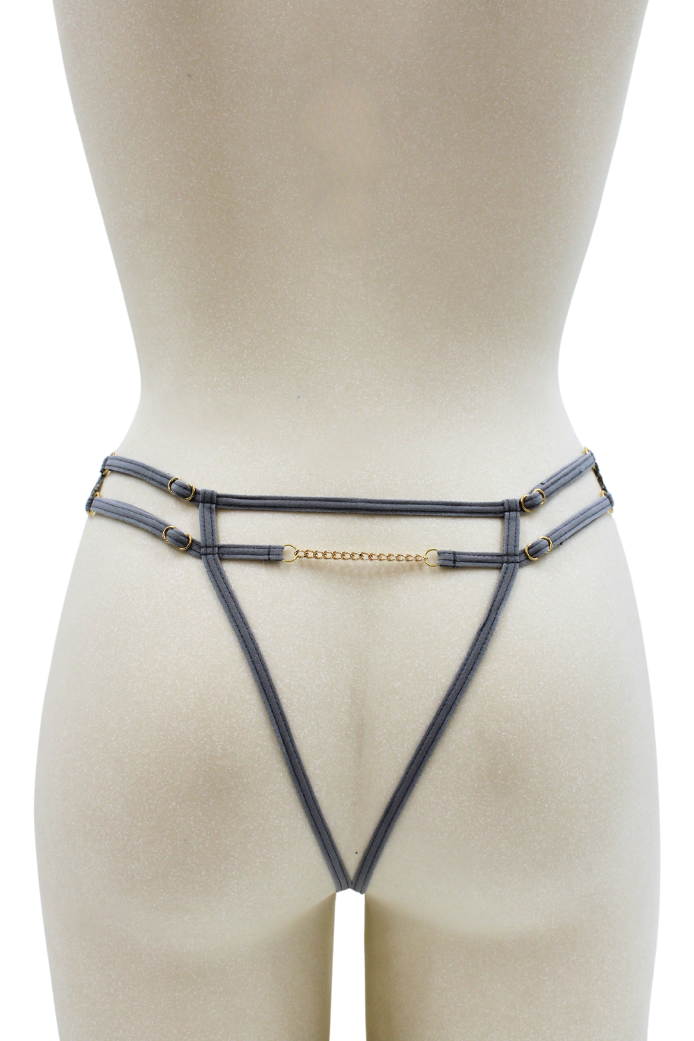 String gris avec bijou couleur aléatoire et chaîne dorée · Be Lily Panties · vue 3