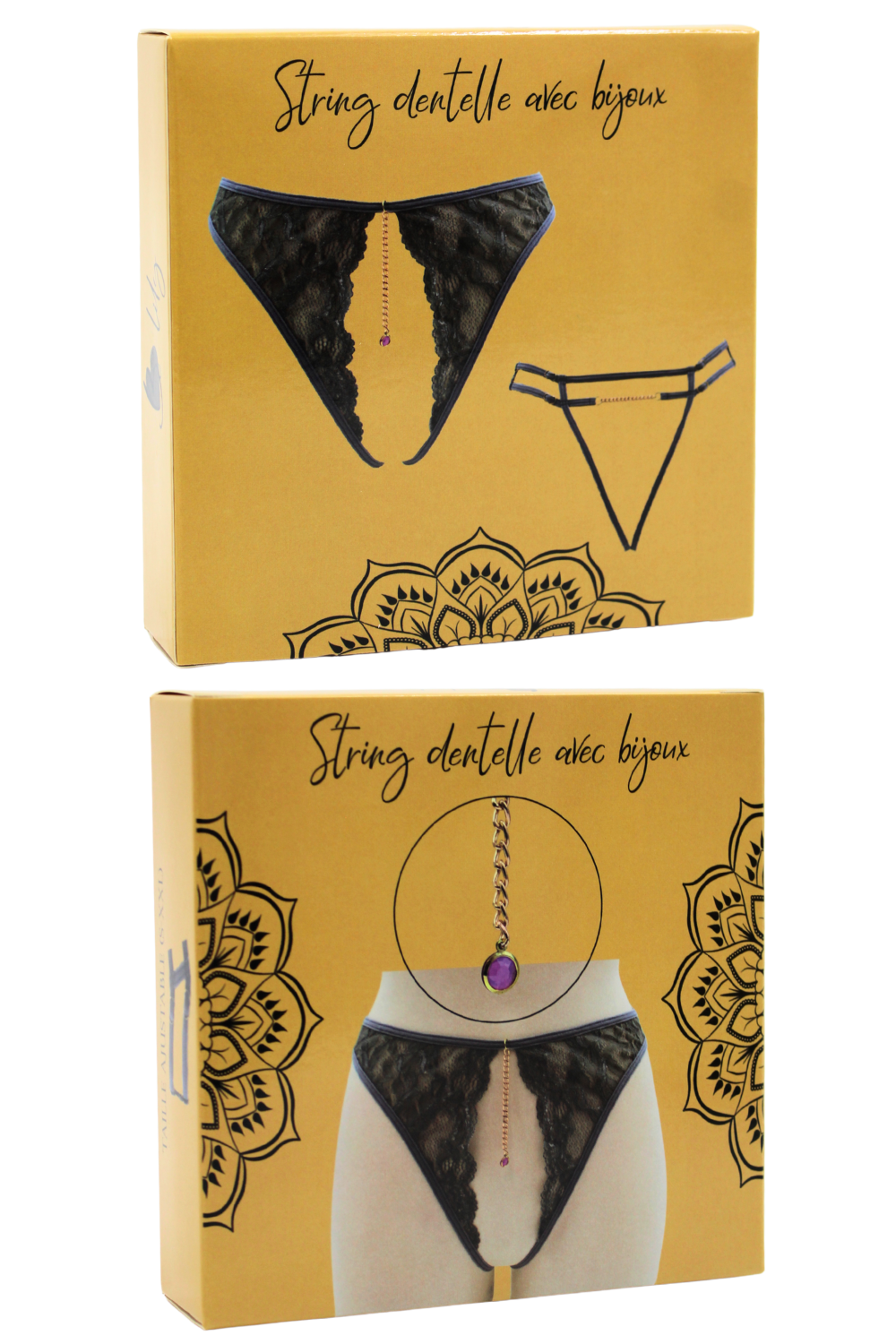 String gris avec bijou couleur aléatoire et chaîne dorée · Be Lily Panties · vue 4