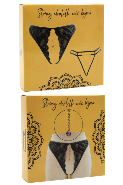 String gris avec bijou couleur aléatoire et chaîne dorée · Be Lily Panties · vue 4