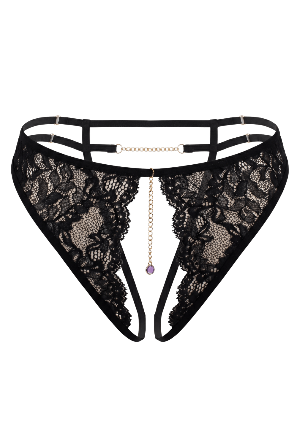 String noir avec bijou couleur aléatoire et chaîne dorée · Be Lily Panties