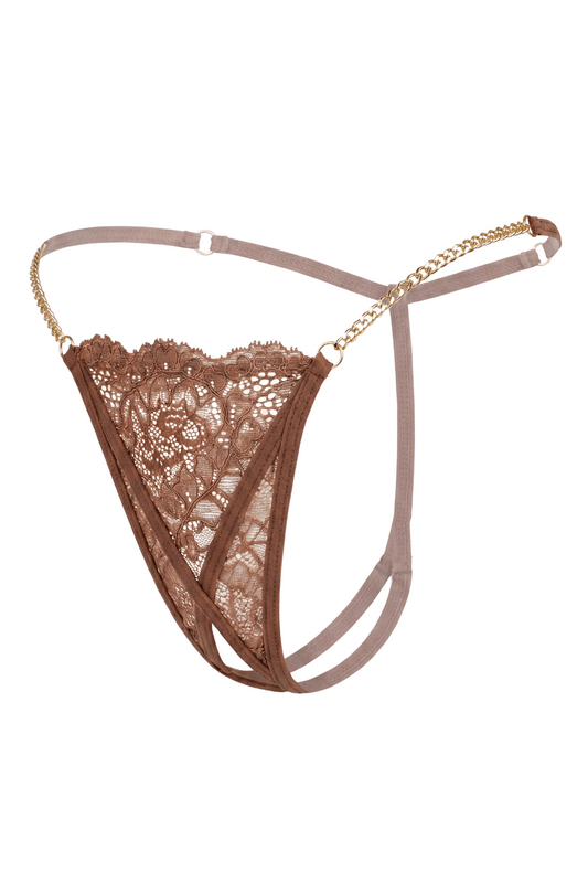 String en dentelle taupe ouvert avec chaînes dorées · Be Lily Panties