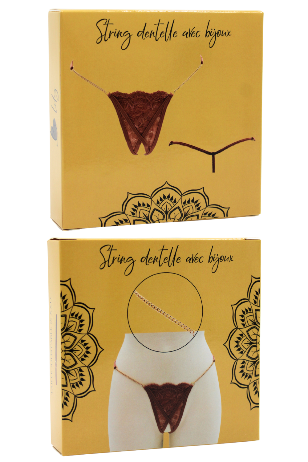 String en dentelle taupe ouvert avec chaînes dorées · Be Lily Panties · vue 4