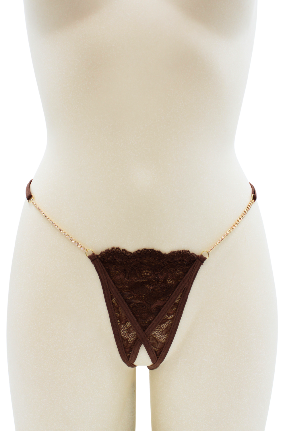 String en dentelle marron ouvert avec chaînes dorées · Be Lily Panties · vue 2