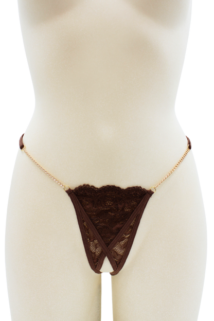 String en dentelle marron ouvert avec chaînes dorées · Be Lily Panties · vue 2