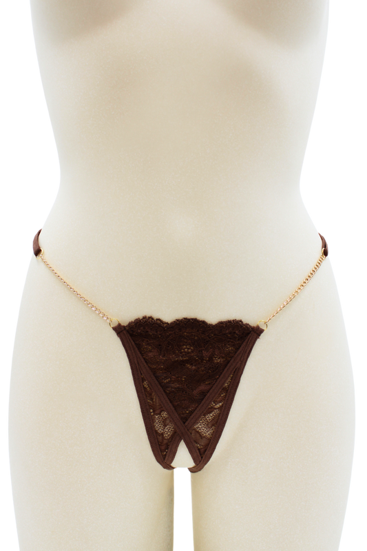 String en dentelle marron ouvert avec chaînes dorées · Be Lily Panties · vue 2