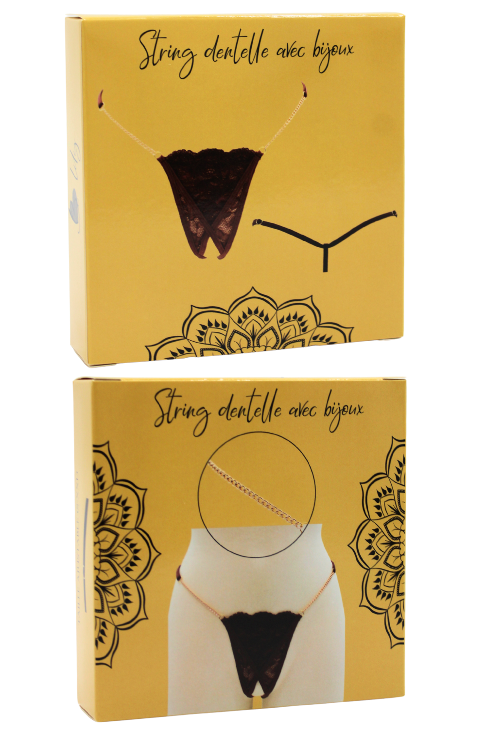 String en dentelle marron ouvert avec chaînes dorées · Be Lily Panties · vue 4