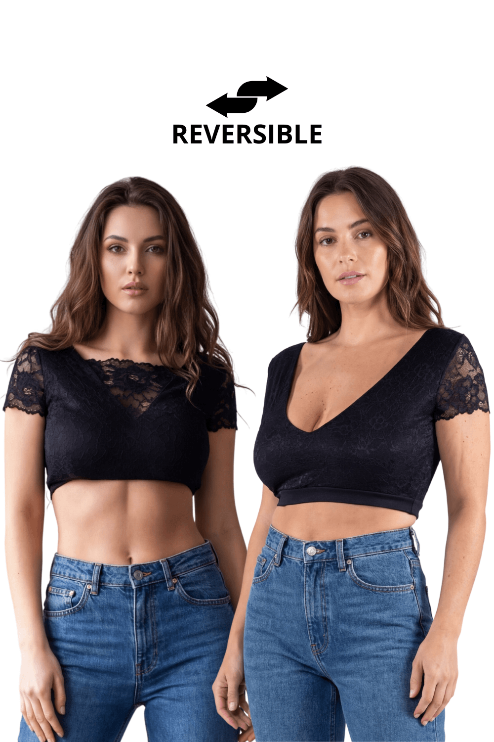 Top court bi-matière réversible col dentelle noir Be Lily
