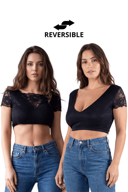 Top court bi-matière réversible col dentelle noir Be Lily