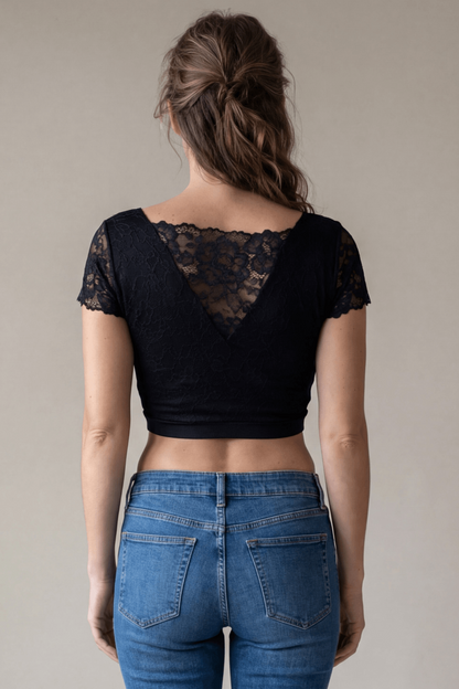 Top court bi-matière réversible col dentelle noir Be Lily