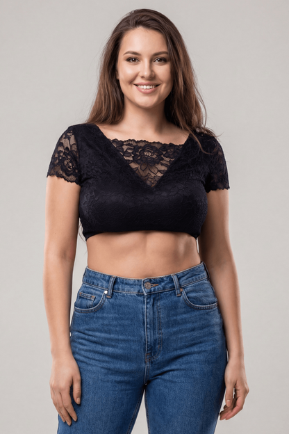 Top court bi-matière réversible col dentelle noir Be Lily