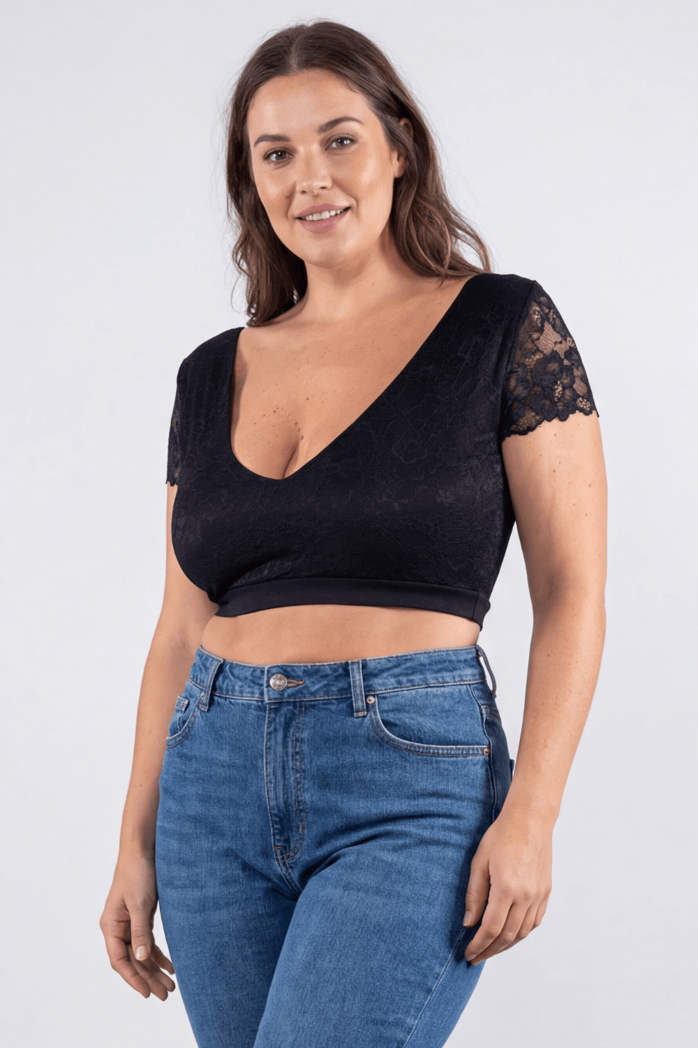 Top court bi-matière réversible col dentelle noir Be Lily