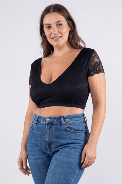 Top court bi-matière réversible col dentelle noir Be Lily