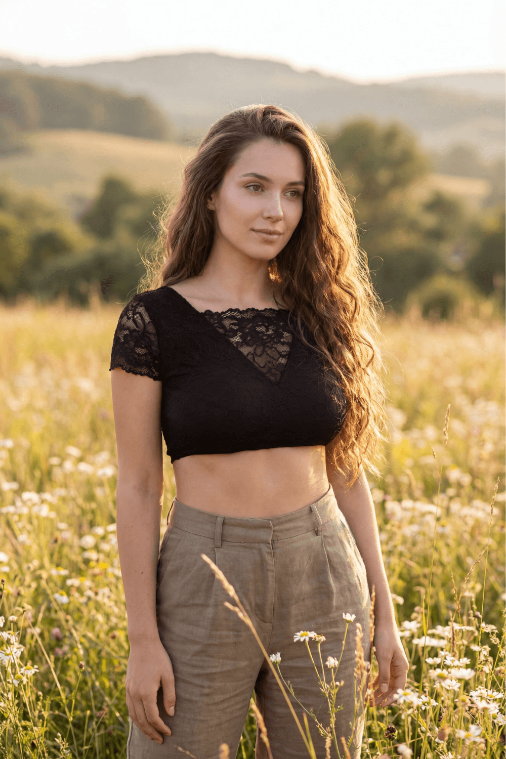 Top court bi-matière réversible col dentelle noir Be Lily
