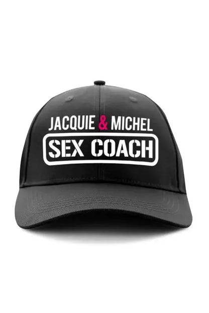 Casquette humoristique Jacquie et Michel avec inscription SEX COACH sur un fond noir, accessoire amusant.