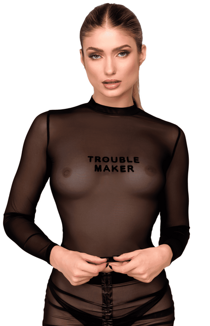 Top court en tulle transparent floqué noir Noir Handmade