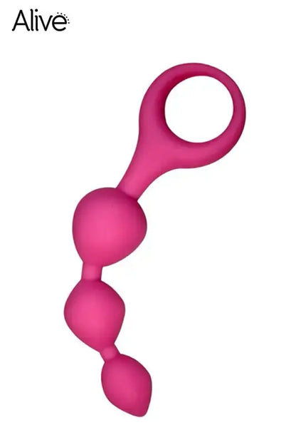 Perles anales en silicone rose avec boucle de doigt. Plug anal ou chapelet anal