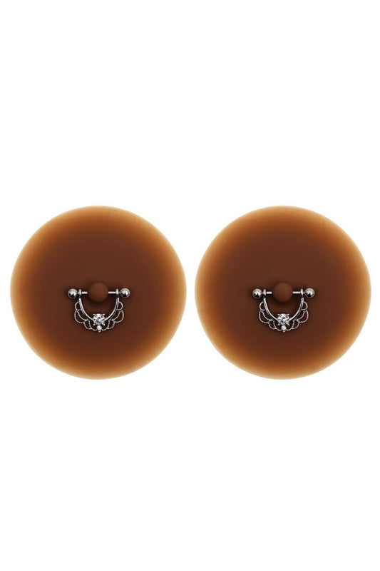 Paire de cache-tétons piercing barre demi-anneau faux diamant peau foncée · Be Lily Accessories