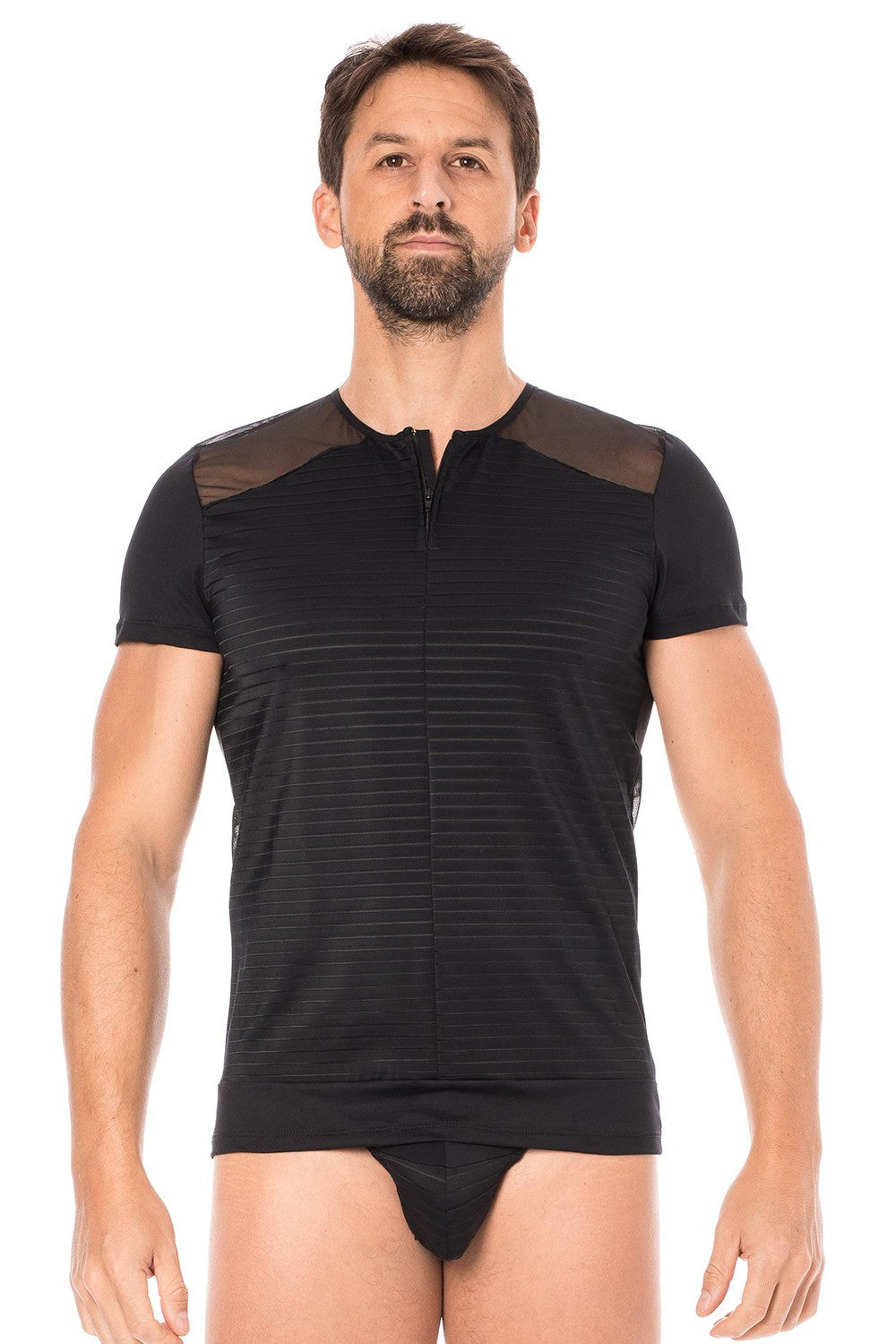 T-shirt homme rayé opaque et transparent dos voile Lace noir Look Me
