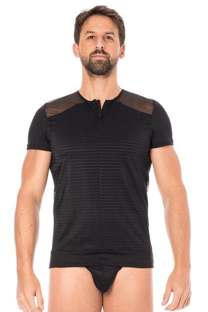 T-shirt homme rayé opaque et transparent dos voile Lace noir Look Me