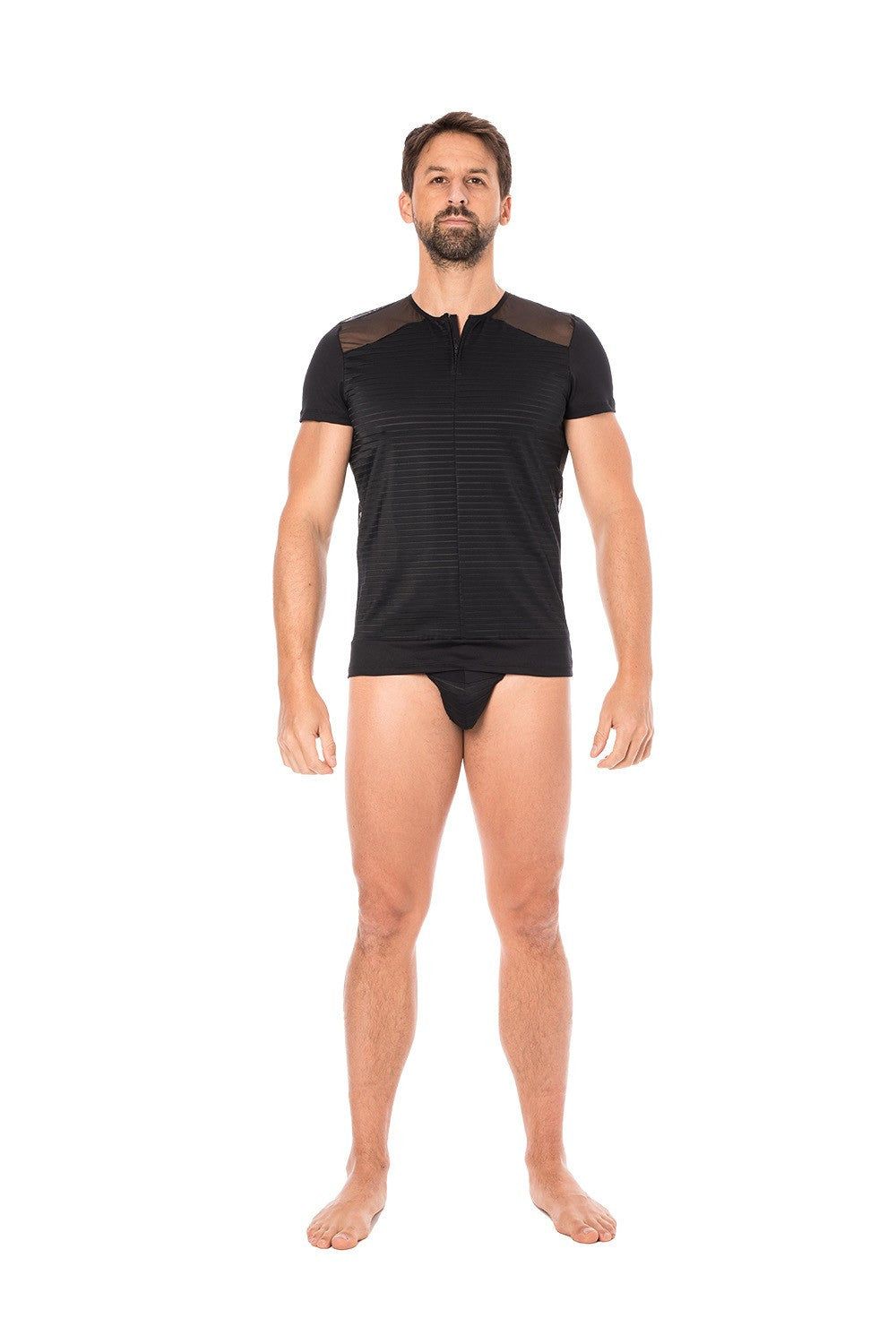 T-shirt homme rayé opaque et transparent dos voile Lace noir Look Me
