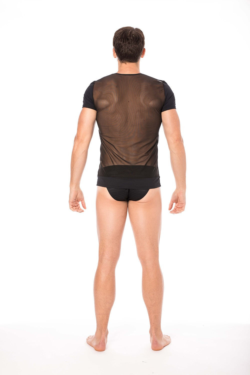 T-shirt homme rayé opaque et transparent dos voile Lace noir Look Me