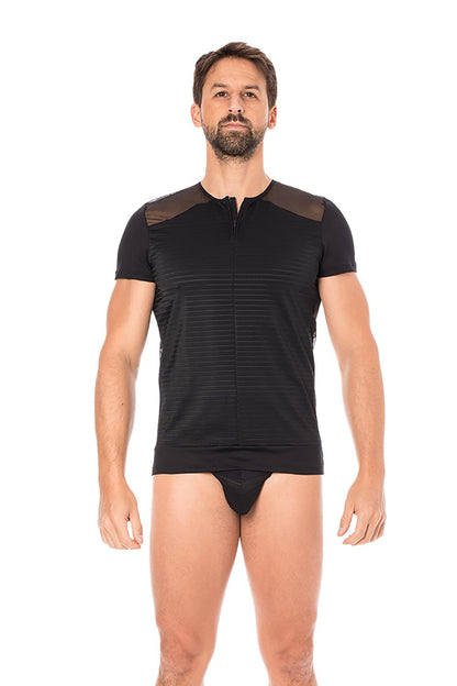 T-shirt homme rayé opaque et transparent dos voile Lace noir Look Me