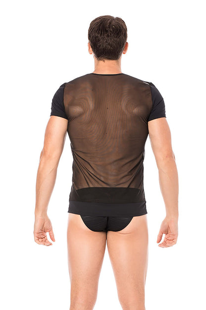 T-shirt homme rayé opaque et transparent dos voile Lace noir Look Me