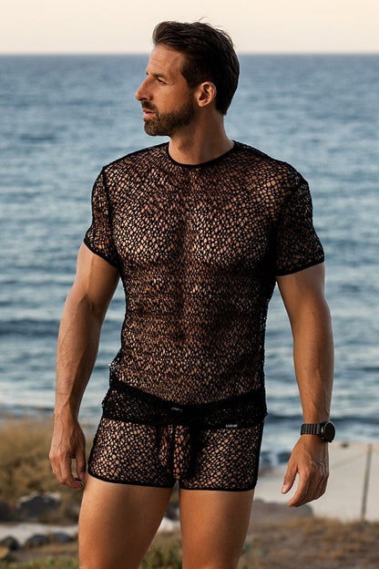 T-shirt homme en filet aux formes irrégulières noir Look Me