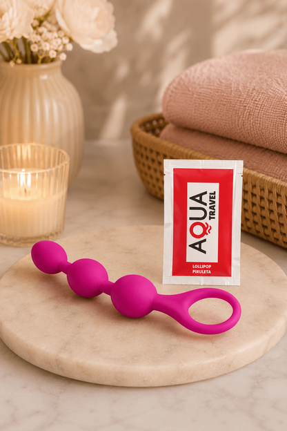Chapelet Anal 3 Boules Fuchsia Silicone 1 dosette de lubrifiant · Pocket Pleasure · vue 4