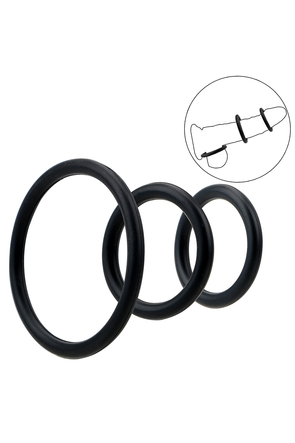 Trio d'Anneaux Péniens Silicone Noir dosette de lubrifiant · Pocket Pleasure