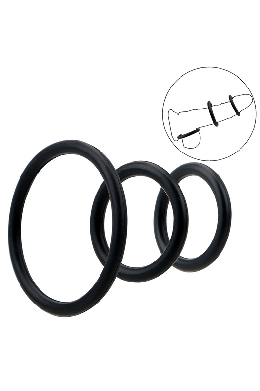 Trio d'Anneaux Péniens Silicone Noir dosette de lubrifiant · Pocket Pleasure
