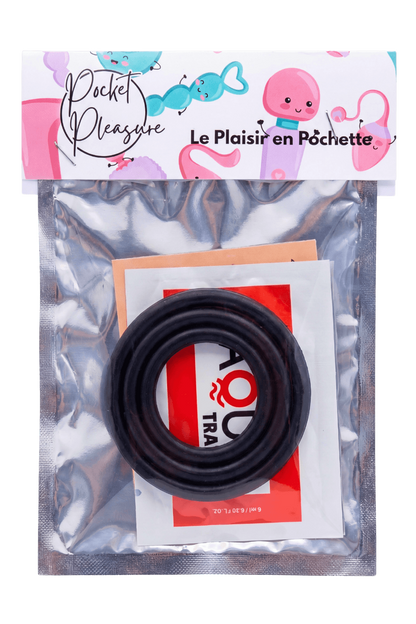 Trio d'Anneaux Péniens Silicone Noir dosette de lubrifiant · Pocket Pleasure · vue 2