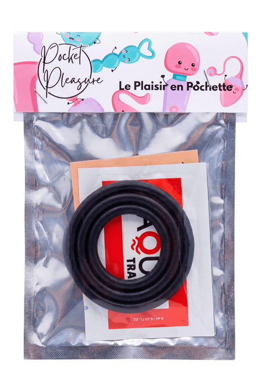 Trio d'Anneaux Péniens Silicone Noir dosette de lubrifiant · Pocket Pleasure · vue 2