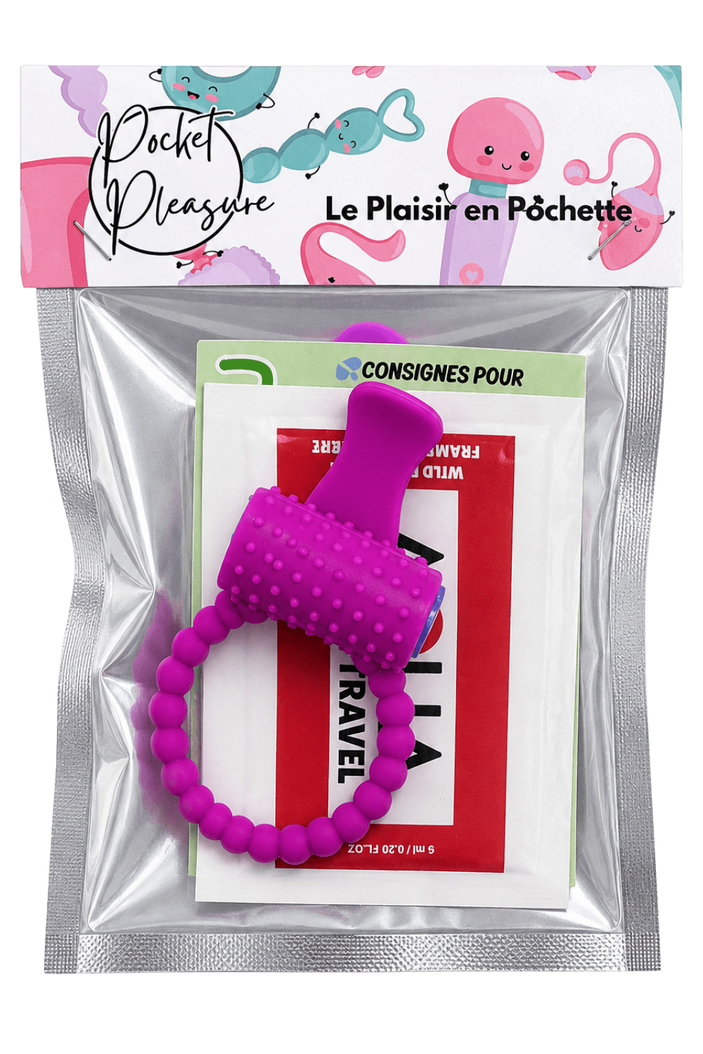 Anneau violet vibrant silicone avec langue picot dosette de lubrifiant · Pocket Pleasure · vue 2