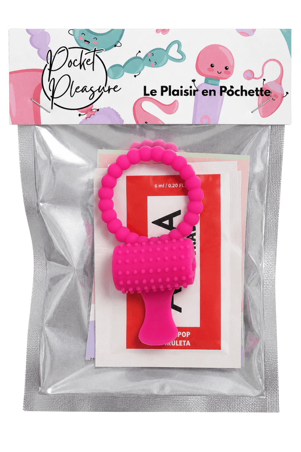 Anneau rose vibrant silicone avec langue picot dosette de lubrifiant · Pocket Pleasure · vue 2
