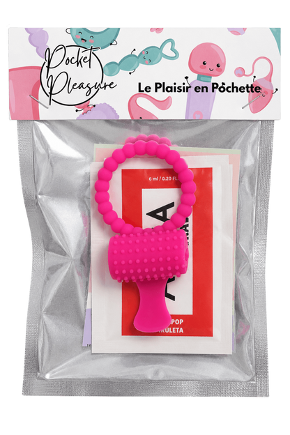 Anneau rose vibrant silicone avec langue picot dosette de lubrifiant · Pocket Pleasure · vue 2