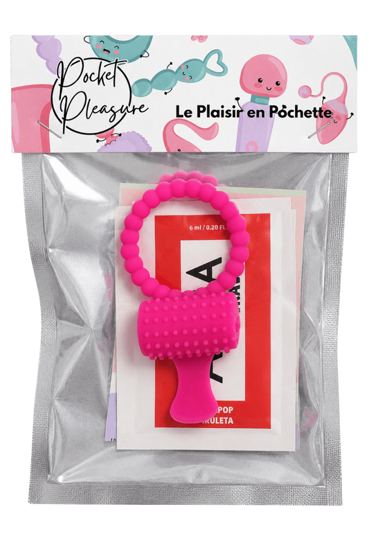 Anneau rose vibrant silicone avec langue picot dosette de lubrifiant · Pocket Pleasure · vue 2