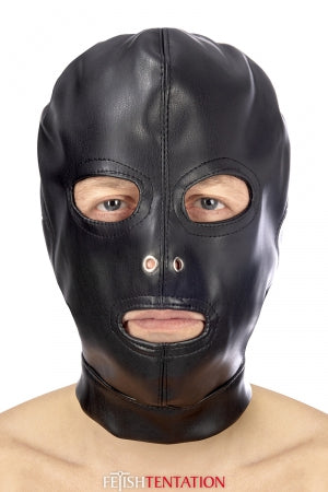 Cagoule BDSM 3 ouvertures en simili cuir · Fetish Tentation