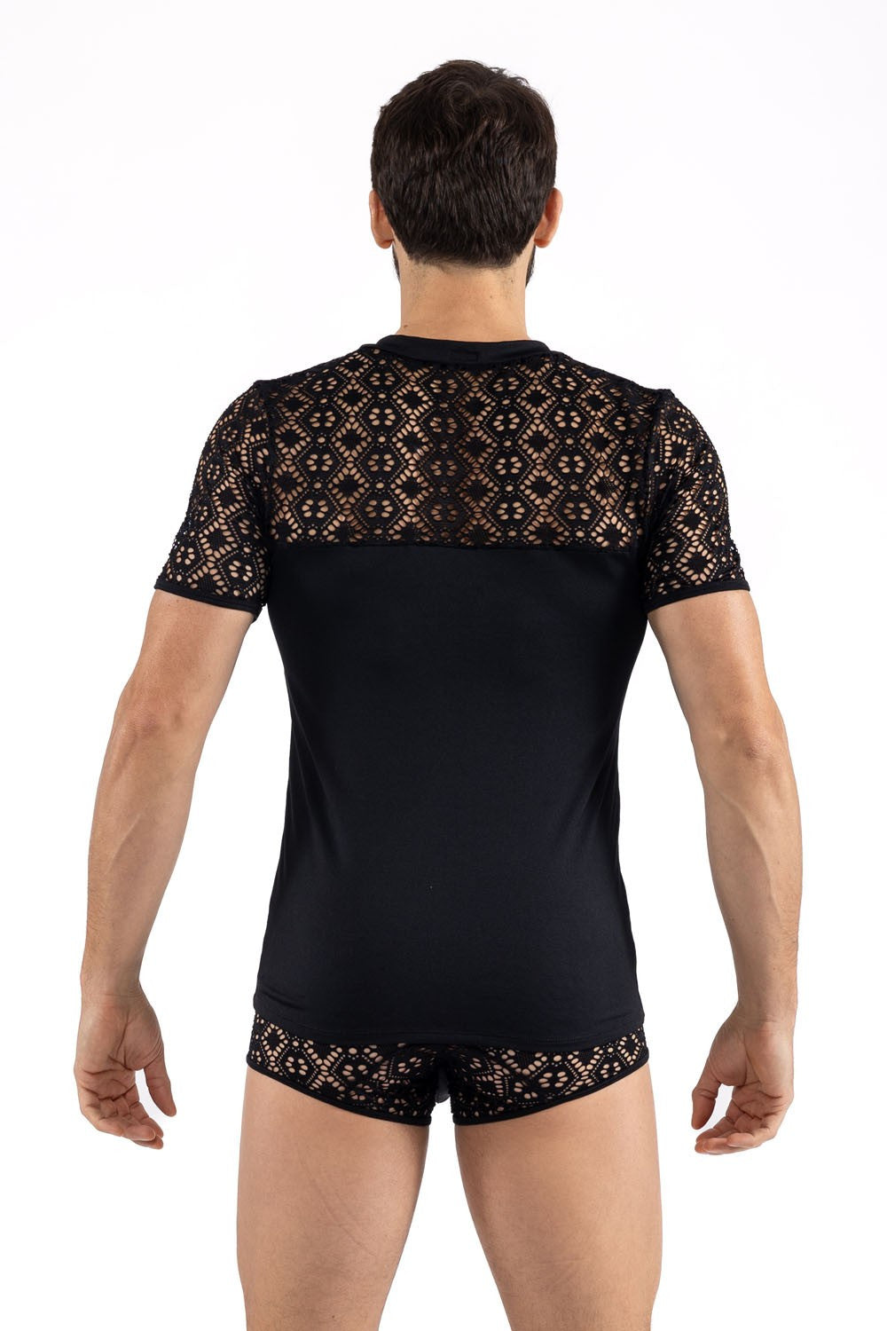 T-shirt homme en résille brodée asymétrique Shinny noir Look Me