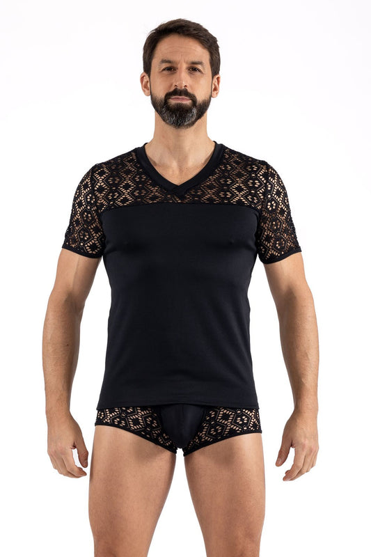 T-shirt homme en résille brodée asymétrique Shinny noir Look Me
