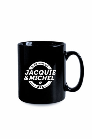 Mug noir logo rond blanc Jacquie et Michel