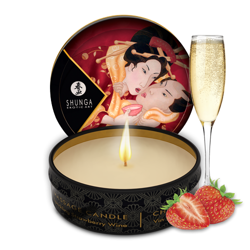 Mini bougie de massage Vin pétillant à la fraise · Shunga