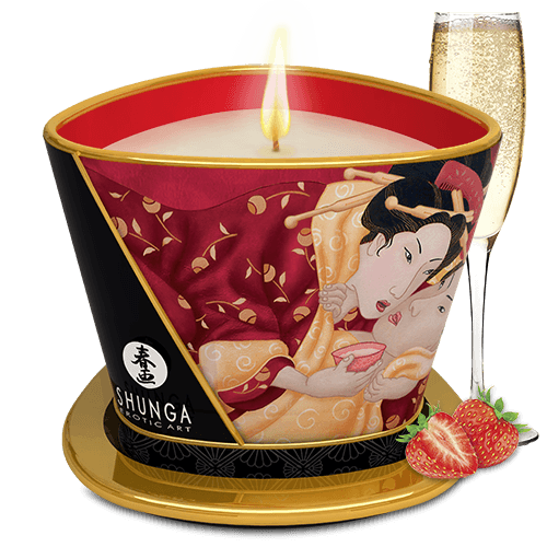 Bougie de massage lueur et caresses Romance Vin pétillant à la fraise · Shunga