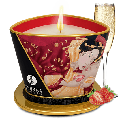 Bougie de massage lueur et caresses Romance Vin pétillant à la fraise · Shunga
