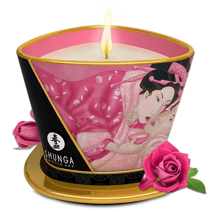 Bougie de massage lueur et caresses Aphrodisia Rose · Shunga