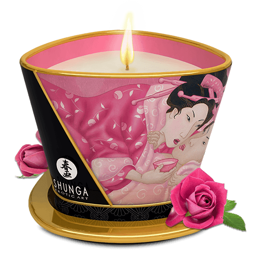 Bougie de massage lueur et caresses Aphrodisia Rose · Shunga