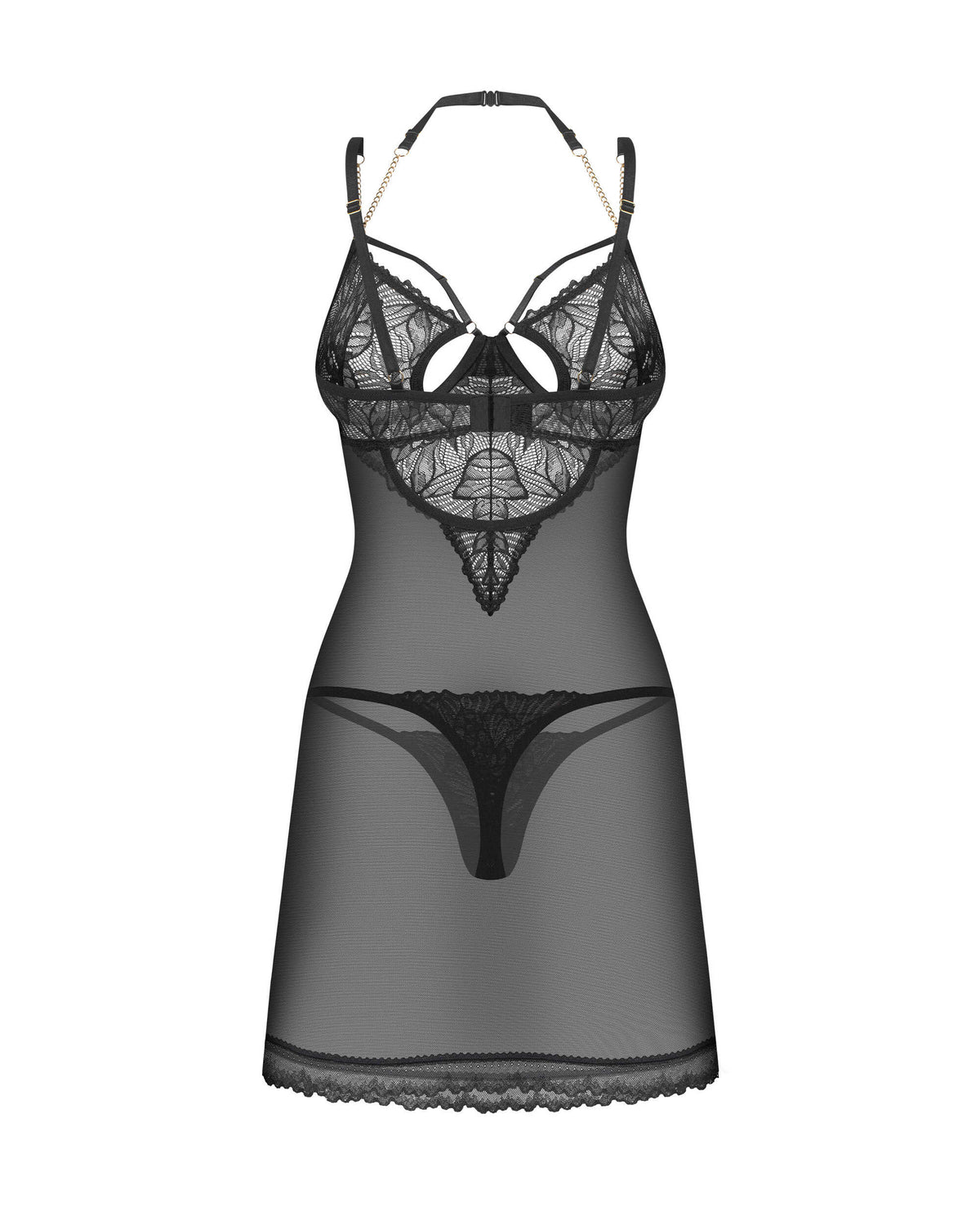 Nuisette et string en dentelle à chaînes Matildea noir Obsessive